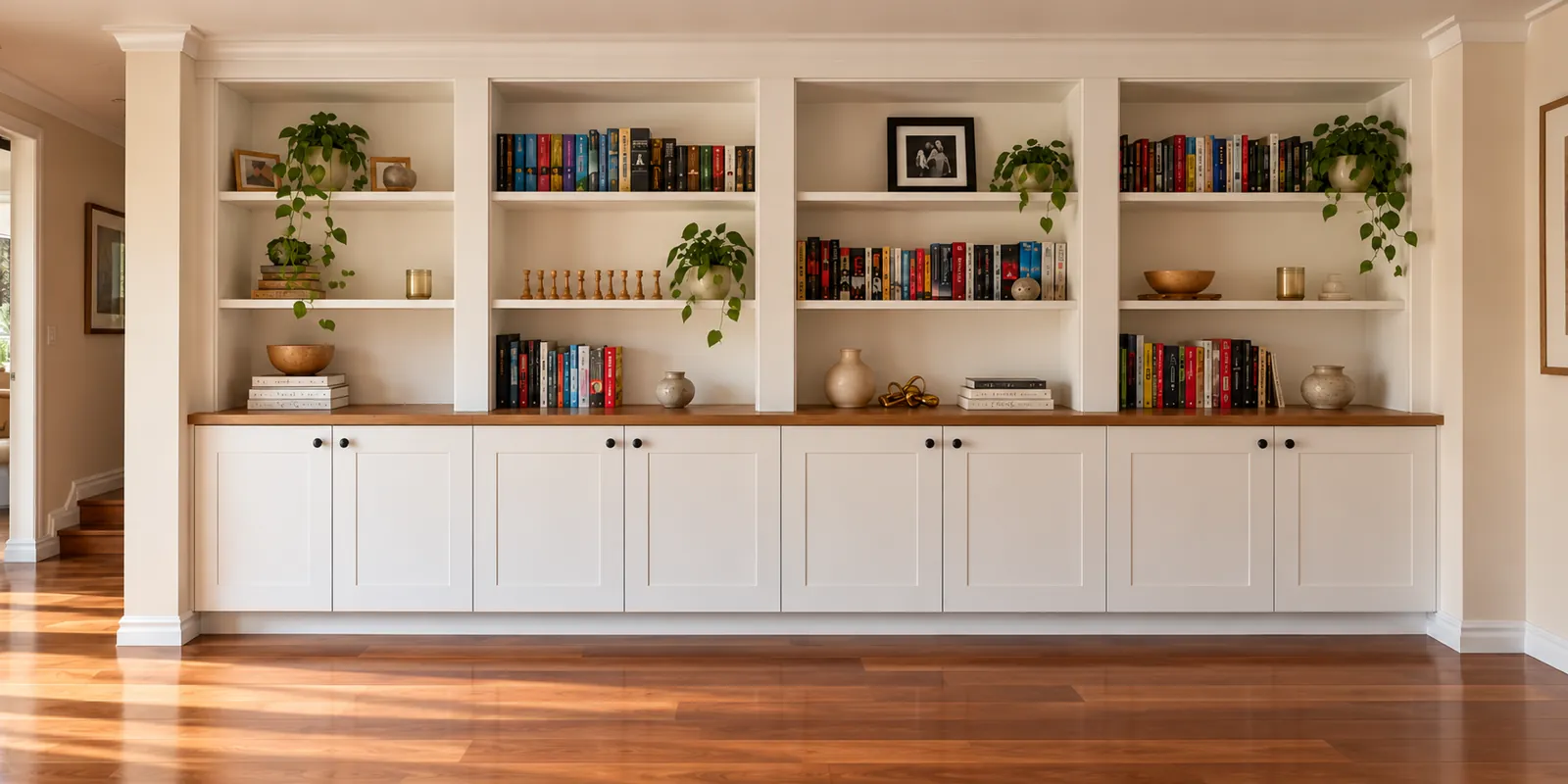 Full-width built-in library wall with open shelves above shaker-door cupboards and a timber benchtop