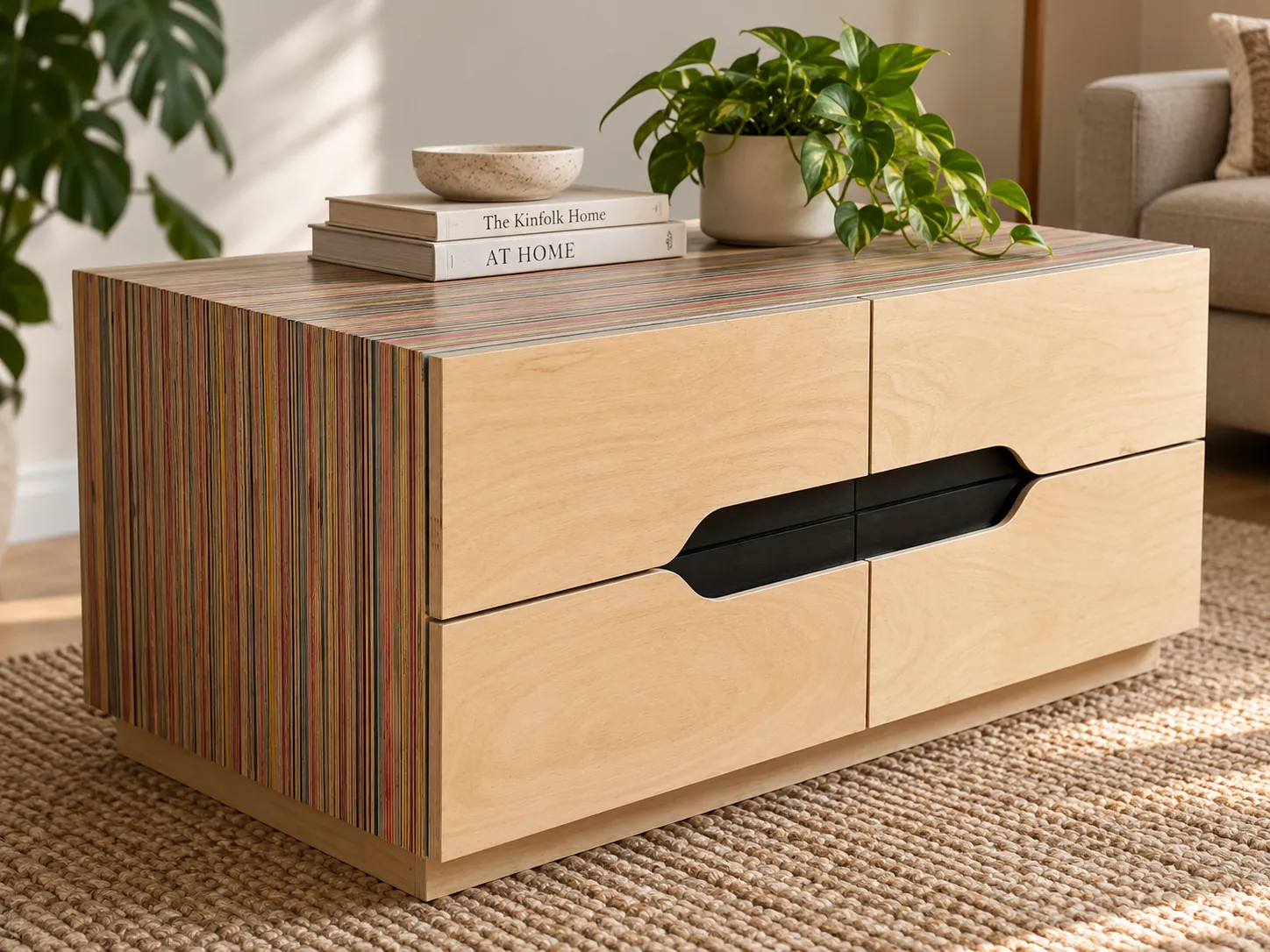 Coffee table with a striped laminated Valchromat top and sides, and four birch drawers