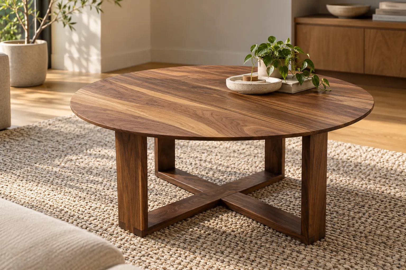 Round walnut coffee table on a crossed solid walnut base