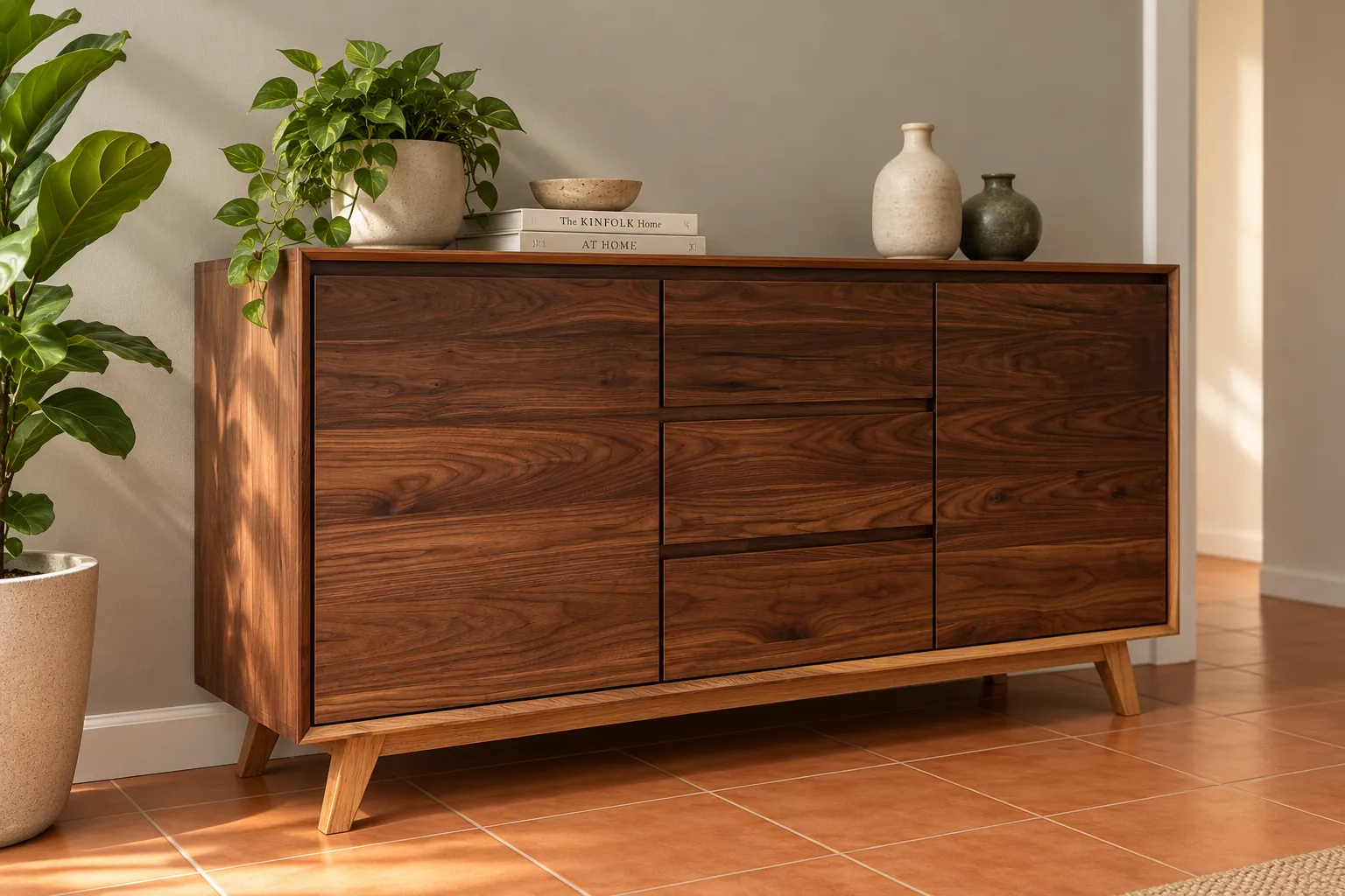 Walnut sideboard with two doors, three central drawers and an oak base on angled legs